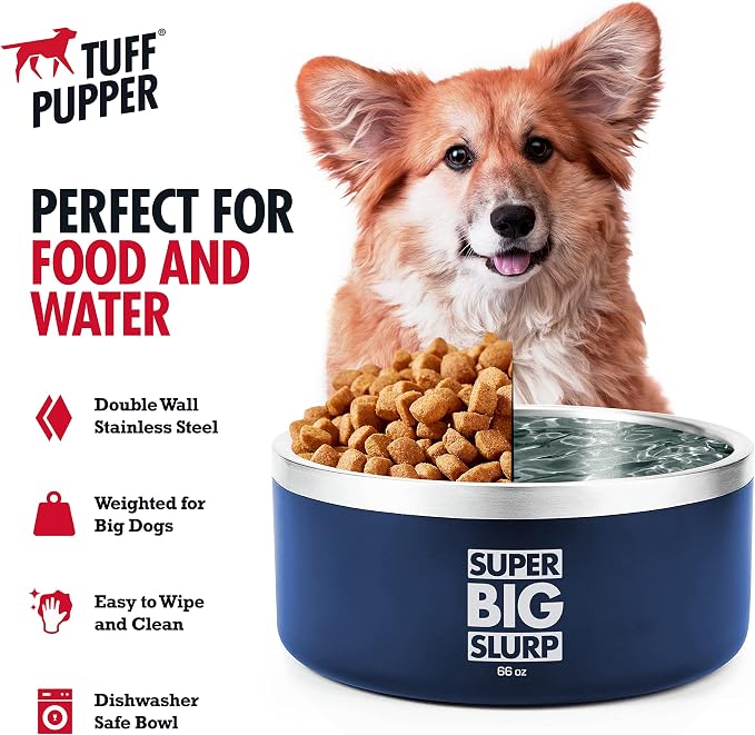 Tuff Pupper Heavy Duty Insulated Dog Bowl | Double Wall Stainless Steel Dog Food Dish | Non-Slip Spill Proof Dishwasher Safe Cat Bowl | Water Dish for Feeding Large Medium Small Pets (66oz, Blue)
