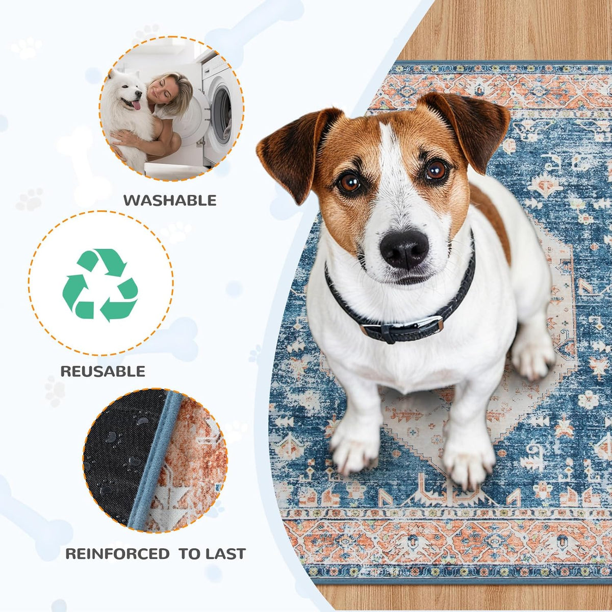 Lahome Super Absorbent Washable Pee Pads for Dogs - Secure Floor Protection - Non-Slip, Leakproof Reusable Pads for Training, Crates & Playpens (2 Pack, 36"x36", Beige Blue)