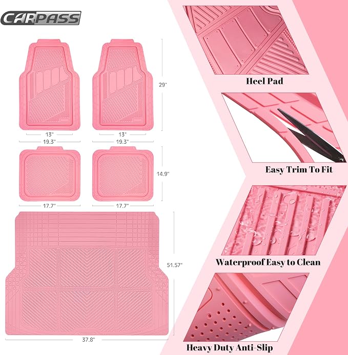 CAR PASS Heavy Duty Rubber Floor Mats Pink Car Mats Full Set with Trunk Cargo Liner - Universal Waterproof Floor Mats for Car SUV Truck, Durable All Weather Liner Mats Automotive Women (All Pink)