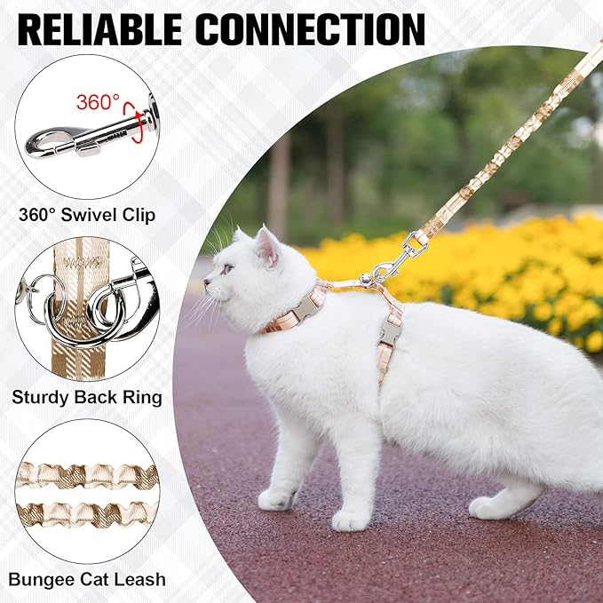 BEAUTYZOO Cat Harness and Leash Set Escape Proof for Walking, Kitten Soft Adjustable Vest Harnesses for Small Medium Large Cats, Easy Control Breathable Plaid Ribbon Nylon for Outdoor Indoor Use
