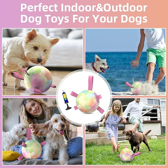 QDAN Dog Toys Soccer Ball with Straps, Durable Dog Balls for Tug of War, Puppy Birthday Gifts, Dogs Water Toy Small Dogs-Rainbow（5 Inch）