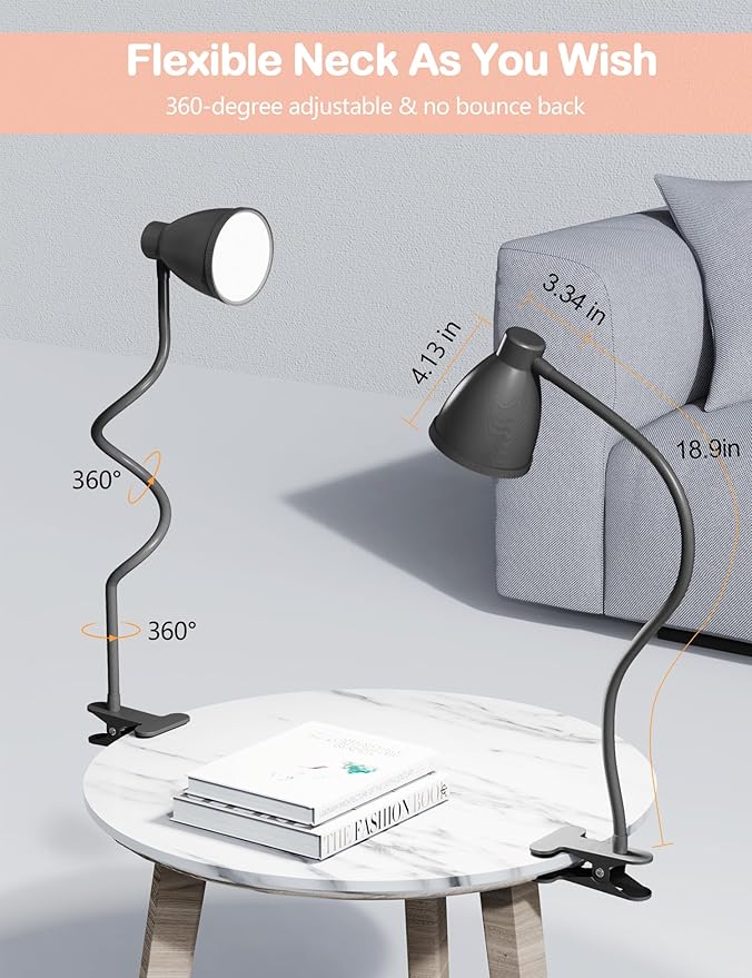 BOHON Desk Lamp 5 Color Modes 10 Brightness Dimmer Reading Light 10W 38 LED Clamp Lamp with Auto Off Timer 360° Flexible Neck Clip on Light for Bed Bedside, AC Adapter Include