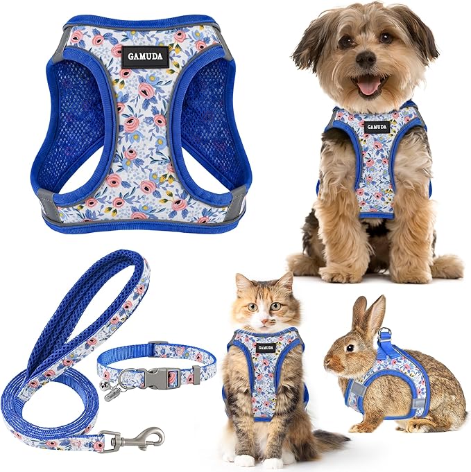GAMUDA Small Dog Harness Collar and Leash Set, Step in No Chock No Pull Soft Mesh Adjustable Dog Vest Harnesses Plaid Reflective for Dogs Puppy Cats Kitten Rabbit (Blue Flower, M)