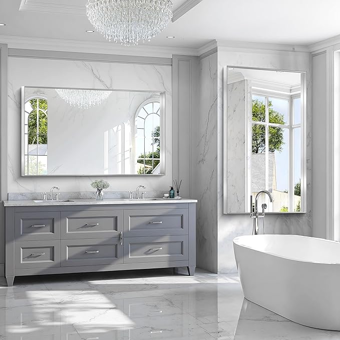 CIRCUMI Silver Bathroom Mirror, Brushed Finish, Tempered Glass, Large Mirror