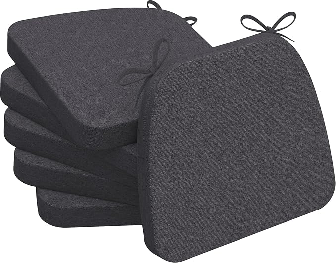 AAAAAcessories D-Shaped Chair Cushions, 2" Thick Dining Chair Pads with Ties and Removable, Machine-Washable Cover, 17" x 16", Set of 6, Dark Grey