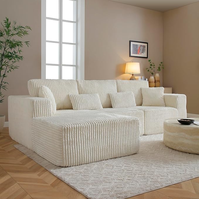 HYJT-H&K Modular Sectional Sofa Cloud Sectional Couch, 107" Comfy Fluffy L Shaped White Couches for Living Room, Deep Seat Memory Foam Plush Corduroy Boneless Couch Sectionals Left Facing Chaise Sofa
