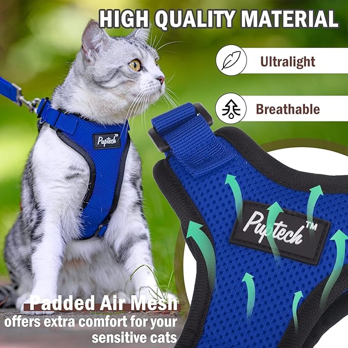 PUPTECK Cat Harness and Leash Set Escape Proof for Walking, Breathable Mash Vest Adjustable Harness for Cats Puppy Small Animals, Reflective at Night, Blue Small