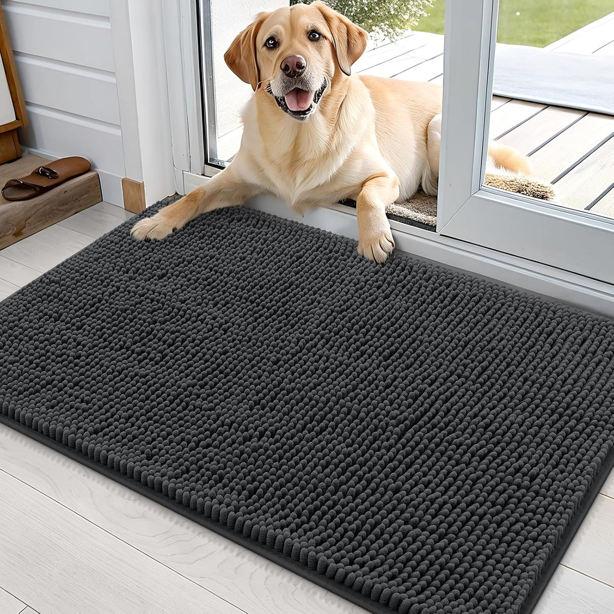 OLANLY Dog Door Mat for Muddy Paws 36x24, Absorbs Moisture and Dirt, Absorbent Non-Slip Washable Doormat, Quick Dry Chenille Mud Mat for Dogs, Entry Indoor Entryway Carpet for Inside Floor, Dark Grey