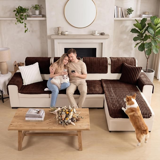 FUANGUI 2 Pack Waterproof Couch Cover for Dogs Pets Sofa Protector | Non-Slip Washable Fuzzy Soft Sofa Slipcover for 2 PCS L Shaped Sofa Pet Friendly, 27.6" x 70.9"+27.6" x 82.7", Brown