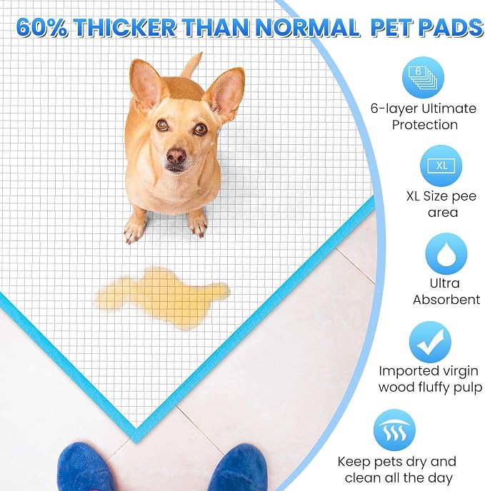 Boscute Thicken 6 Layers Heavy Absorbent XL 36"x24" Pet Training Dog Pee Pads, Extra Large Polymer Leak-Proof Quick Dry Puppy Pee Pads, Disposable Pee Pads for Dogs Cats Rabbit, 150 Counts | Heavy Absorbent up to 7 Cups, Quick Dry, for Dogs Cats Rabbit...