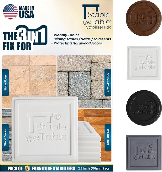 Stable the Table-6 Pack-White Square, Furniture Leveler & Riser, Anti-Slip Sofa Gripper for Hardwood Floors, Floor Protector, Stacking Furniture Pad, Bed, Desk, Couch & Table Stabilizer, Made in USA