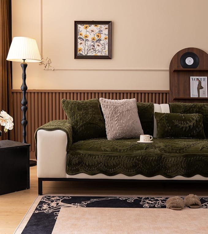 Green Fuzzy Rabbit Plush Sofa Cover Cozy Warm Sofa Couch Covers with 3D Jacquard Leaf Pattern Non-Slip Easy-to-Install Shaggy Sofa Slipcover Prefect for Kids Dogs Cats Cats(Green,36"x82")
