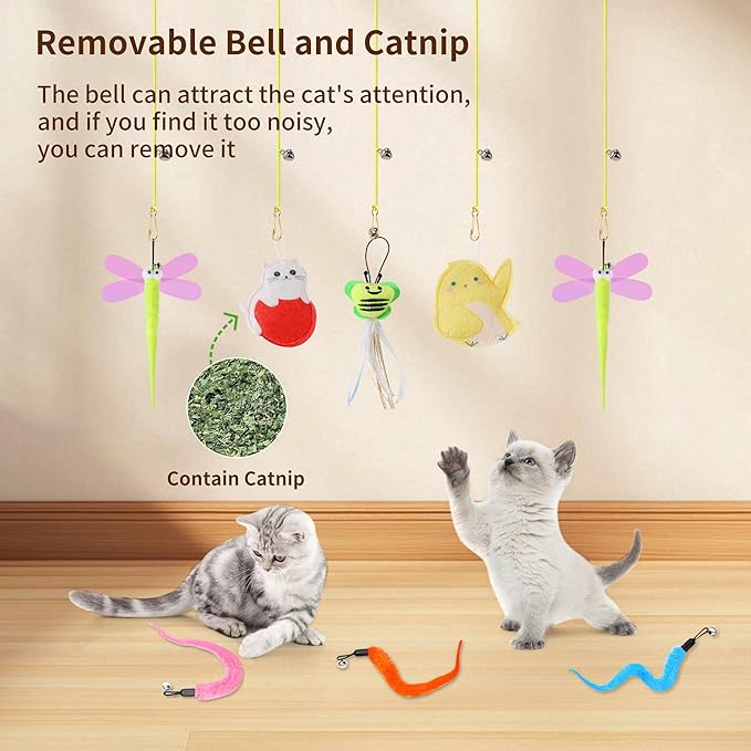 Interactive Cat Toys, 1 Interactive Wand, 8 Assorted Teaser Refills and 3 Indoor Cat Hanging Interactive Toy Suitable for Bored Adult Cats and Kittens Play Chase Exercise