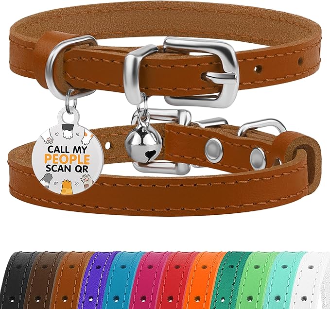 BRONZEDOG Leather Cat Collar with Removable Bells Non Breakaway Kitten QR Tag for Girl Boy (9" - 12" Cats/Mini Dogs, Light Brown & Silver)