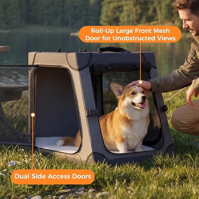 Snagle Paw Dog Car Crate for Back Seat, Portable, Large, Gray | 3-point seat securement, breathable mesh, feeding windows, folds flat, for road trips, camping and vet visits