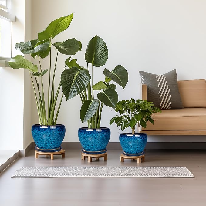 Ceramic Plant Pots Indoor, 10 Inch 8 Inch 6 Inch Round Planters Pots for Indoor Outdoor Plants, Modern Large Flower Pots with Drainage Holes and Saucers, Set of 3, Blue