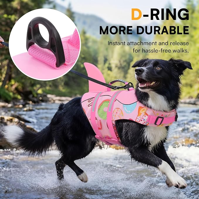 Dog Life Jacket, Dog Life Vest for Swimming, High Flotation Shark Swimming Safety Vest for Large Dods, Adjustable Reflective Pet Lifesaver Preserver, Pink Donut L