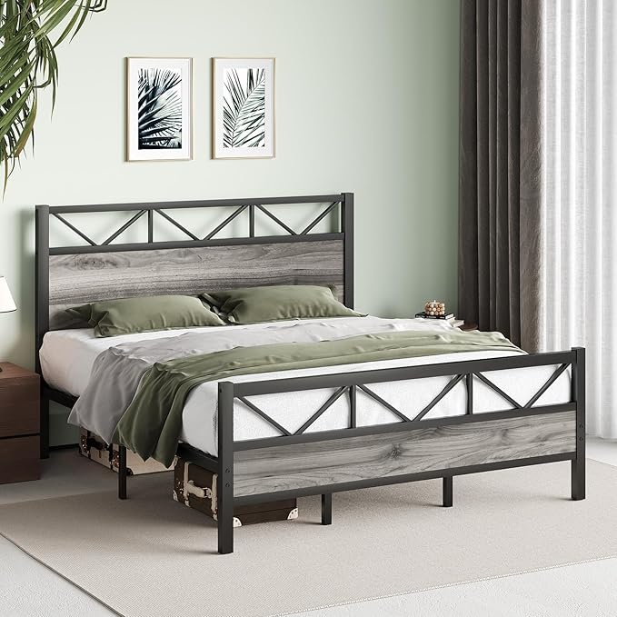 King Size Bed Frame with 51.2" Tall Headboard, Platform Bed Frame with Metal Support, Solid and Stable, Noise Free, No Box Spring Needed, Wash Grey