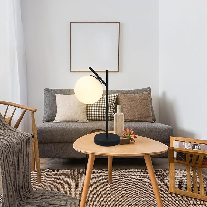 Mid Century Modern Table Lamp Contemporary White Glass Globe Table Lamp Vintage Nordic Desk Lamp Metal Nightstand Lamp for Office Study Room Bedroom(H19.2)