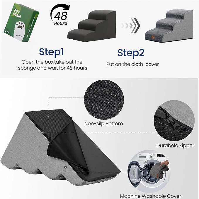 GoGoBunny Dog Stairs for Small Dogs, 3-Step Pet Steps for Couch Sofa, Grey | 15.7" H Pet Ramp, Non-Slip Waterproof Fabric Cover, Stable and Balanced Indoor Step, Pet Friendly