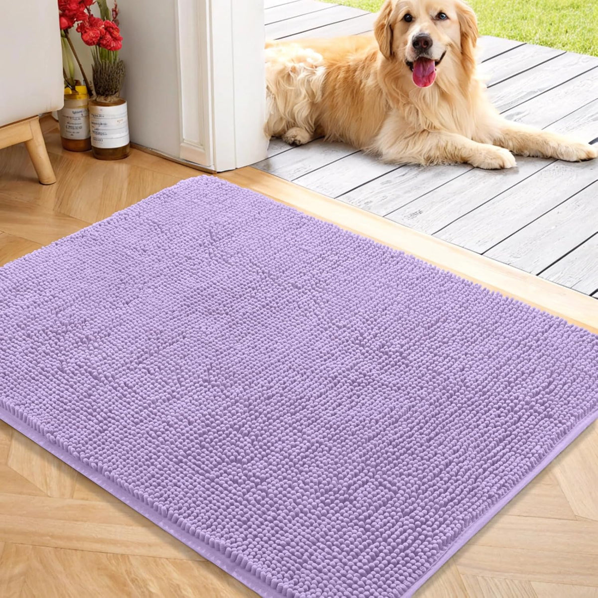 OLANLY Dog Door Mat for Muddy Paws 40x32, Absorbs Moisture and Dirt, Absorbent Non-Slip Washable Doormat, Quick Dry Chenille Mud Mat for Dogs, Entry Indoor Entryway Carpet for Inside Floor, Lavender