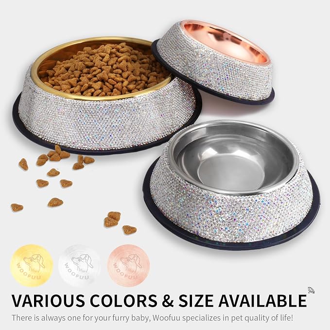 Sparkly Full Rhinestones Designed Gold Stainless Steel Pet Bowl - Stylish and Practical Diamond Food Water Dishes Bowls for Small Medium Large Dogs Cats Rabbits