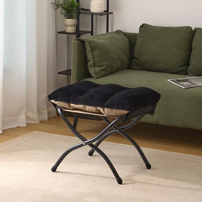 Mordchil HF 15"(H) Folding Ottoman, Foldable Footrest Stool, Portable Small Foot Stool for Couch, Collapsible Foot Rest Ottoman for Sofa, Accent Padded Ottomans for Living Room, Bedroom, Black