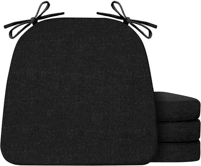 Chair Cushions for Dining Chairs Set of 4, Non Slip Kitchen Chair Pads, 17" x 16" x 2", Indoor Dining Chair Cushions with Ties, D-Shaped Seat Cushions for Kitchen Chairs, Black