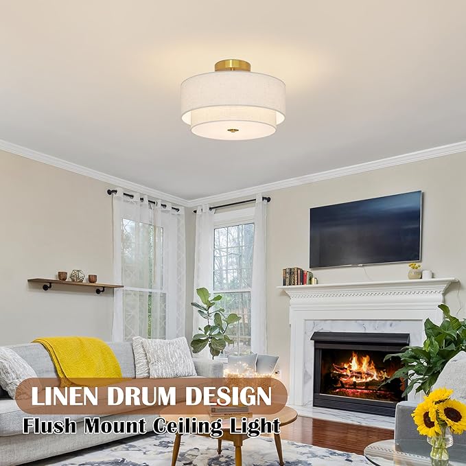 3 Light Semi Flush Mount Ceiling Light Fixture 15.7 Inch Modern Gold Drum Ceiling Light Fixture with 2-Layer Fabric Shade Dimmable Close to Ceiling Light for Living Room Hallway Bedroom Entryway