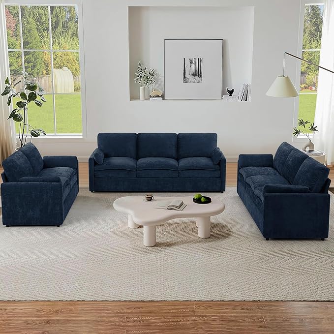 3 Pieces Chenille Sofa Set w/Arm Pillows, Upholstered Loveseat & 2 Pieces 3 Seater Sofa w/Comfortable Back Cushions, Modern 2-Seat & 3-Seat w/High-Density Foam for Living Room, Blue