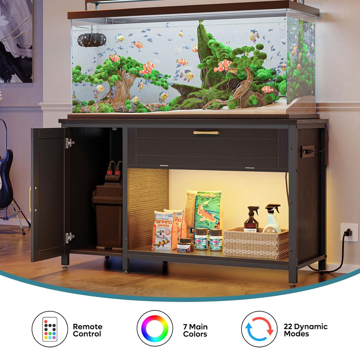 Bestier 55-75 Gallon Fish Tank Stand with Power Outlet&LED Light, 49x19 Heavy-Duty Metal Aquarium Stand with Cabinet&Drawer for Accessories Storage, Suit for Reptile/Turtle Terrarium, 726Lbs Capacity