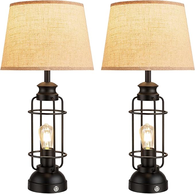 28" Table Lamps for Living Room Set of 2, 3 Way Dimmable Touch Lamps with USB A+C Ports,Farmhouse Table Lamps for Bedroom,Industrial Lamp for Living Room End Tables, 4 Bulbs Included