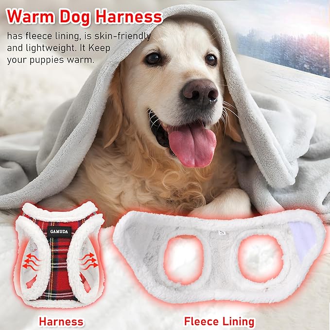 GAMUDA Small Dog Harness Collar and Leash Set, Step in No Chock No Pull Soft Mesh Adjustable Dog Vest Harnesses Plaid Reflective for Dogs Puppy Cats Kitten Rabbit (Warm Red, S)