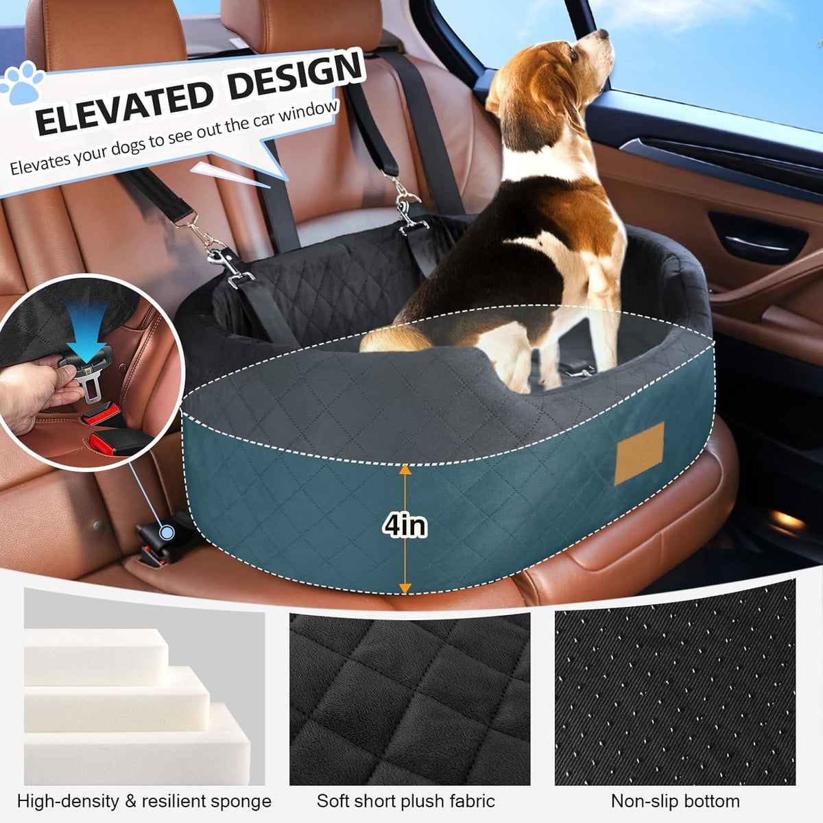 Dog Car Seat for Medium Dogs Up to 50 lbs, Pet Booster Seat for Cars SUVs and Trucks, Travel Dog Bed with Safety Strap, Thick Cushion, Non-Slip Base, Washable and Portable (Black)