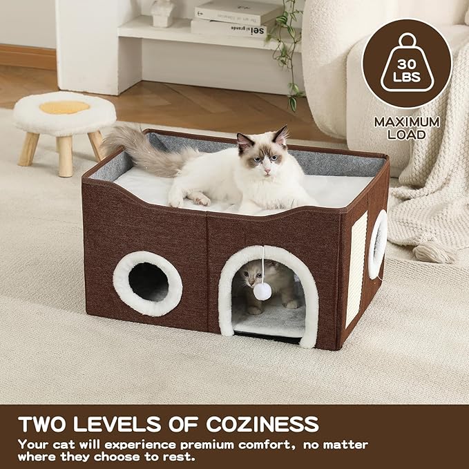 Large Cat Bed for Indoor Cats, Extra Wide Cat Cave House with Scratch Pad and Fluffy Ball, Foldable Cat Hideaway for Kitten Bed, Cat Condo for Cats (Brown, X-Large)