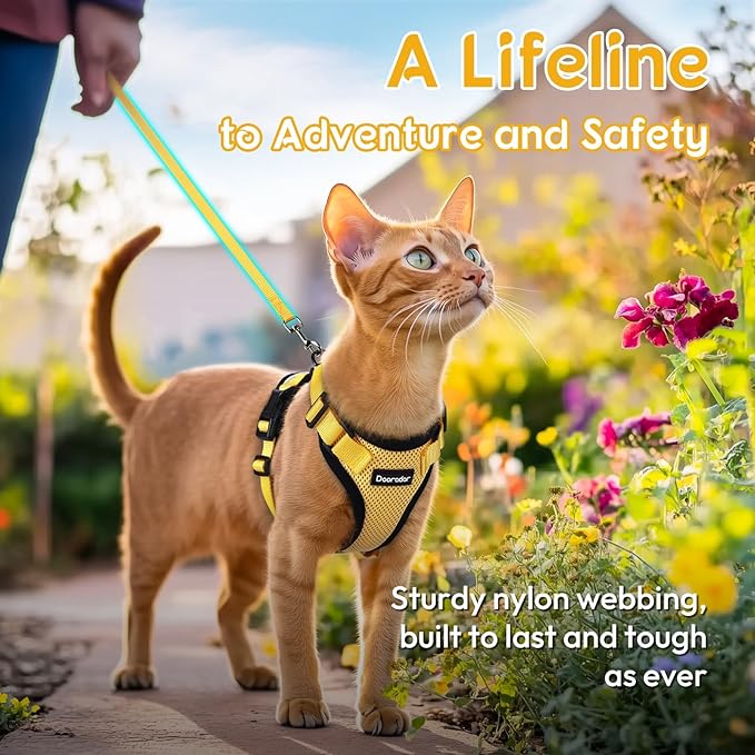 Dooradar Cat Harness and Leash Set, Escape Proof Safe Adjustable Kitten Vest Harnesses for Walking, Easy Control Soft Breathable Mesh Jacket with Reflective Strips for Cats, Yellow, XS