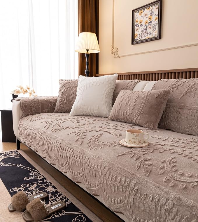 Fuzzy Rabbit Plush Sofa Cover Cozy Warm Sofa Couch Covers with 3D Jacquard Leaf Pattern Non-Slip Easy-to-Install Shaggy Sofa Slipcover Prefect for Kids Dogs Cats Cats(Cream Coffee,36"x110")