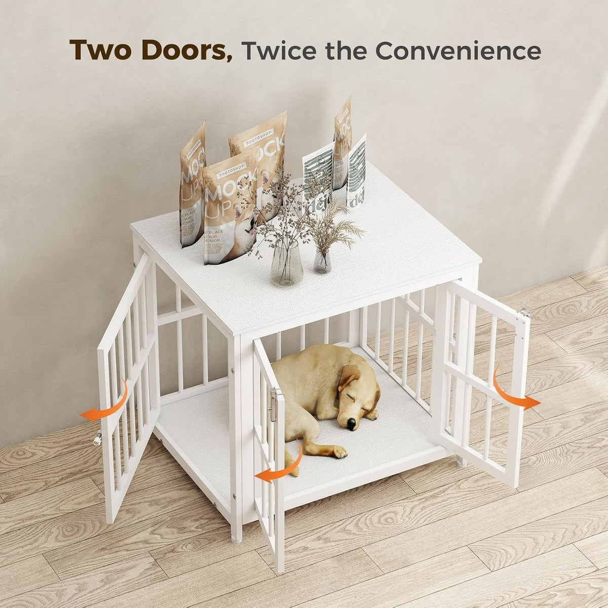 26 Inch Heavy Duty Wooden Dog Kennel End Table with Double Door Design and Secure Locks, Indoor Pet Crate Furniture for Small Dogs, Decorative Home Cage Design,White