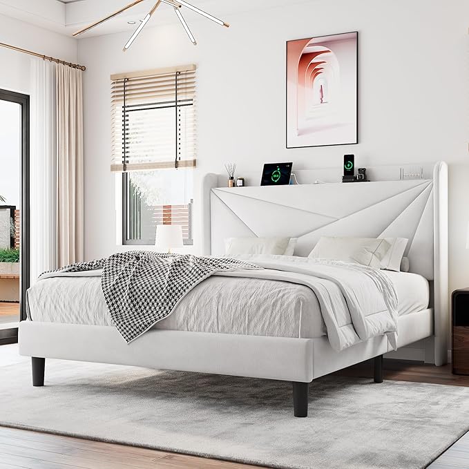 Queen Size Upholstered Bed Frame with Charging Station, Platform Bed Frame with Storage Headboard, Solid Wood Slats Support, No Box Spring Needed, White