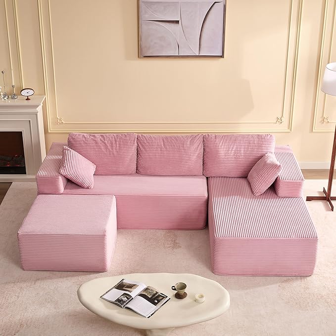107" Boneless Couch with Deep Seat, Modular Sectional Sofa, Cloud Sectional Couch for Living Room, No Assembly Required, Corduroy, U-Shape 3 Seater Right, Pink