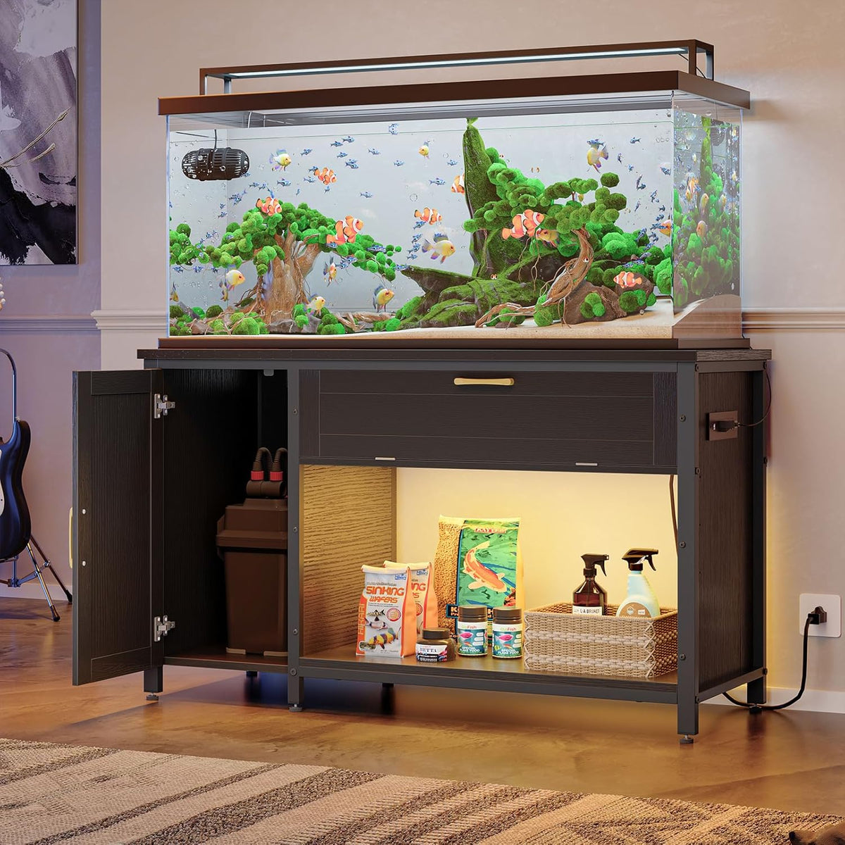 Bestier 55-75 Gallon Fish Tank Stand with Power Outlet&LED Light, 49x19 Heavy-Duty Metal Aquarium Stand with Cabinet&Drawer for Accessories Storage, Suit for Reptile/Turtle Terrarium, 726Lbs Capacity