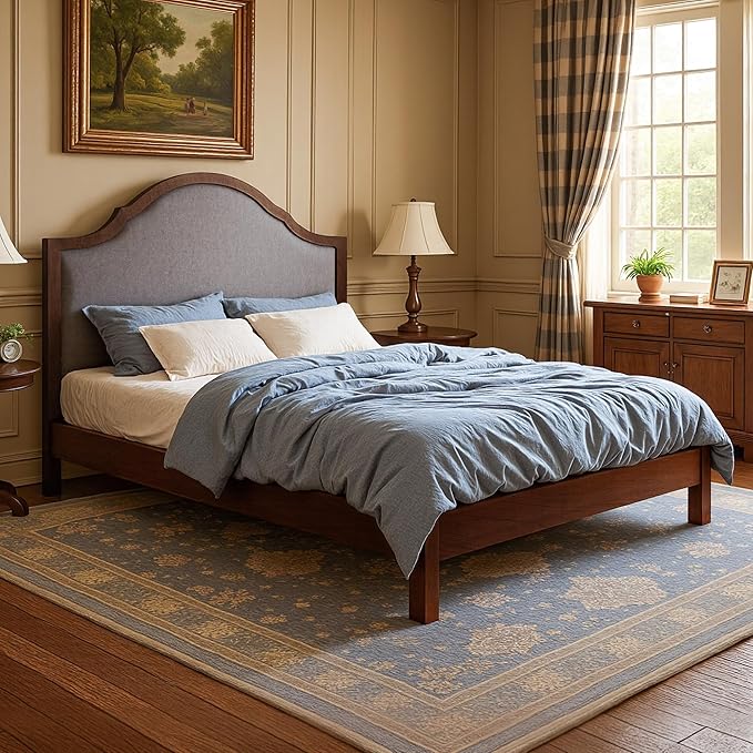 Jocisland Wood Full Size Bed Frame with Tall Upholstered Curved Headboard, Solid Wood Platform, No Box Spring Needed, Wood Slat Support, Brown