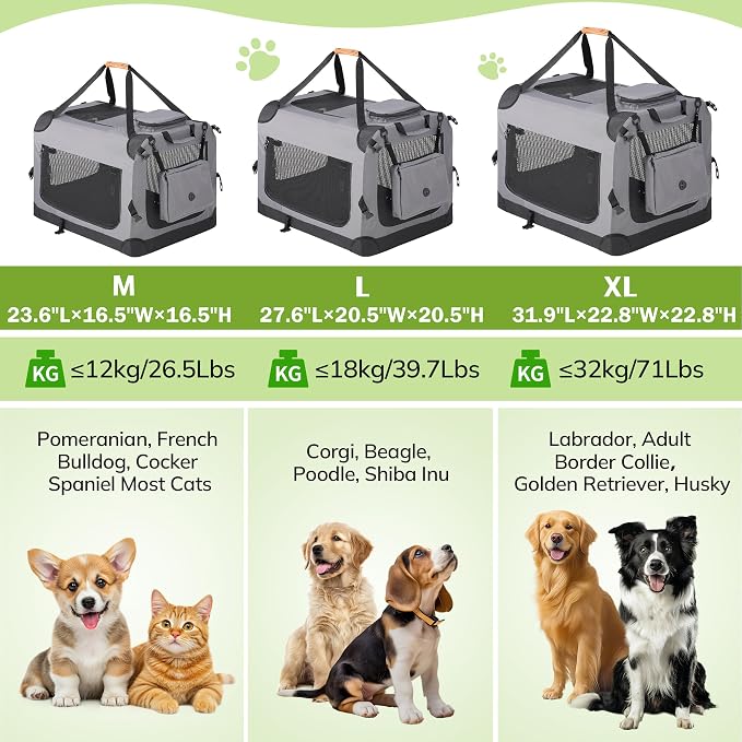 Morpilot 24-inch Portable Collapsible Dog Crate for Small Dogs up to 27lbs | Travel Dog Crate Soft-Sided with Foldable Bowl, Shoulder Strap & Storage Pockets, Grey