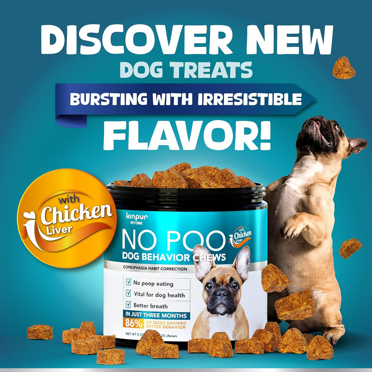Kinpur Pet Care No Poo Behavior Chews - Help Beat The Habit with Natural Pumpkin, Broccoli, Chamomile, Chicken Liver & More - Forbids Poop Eating - Coprophagia Stool Eating Deterrent Beef Treats