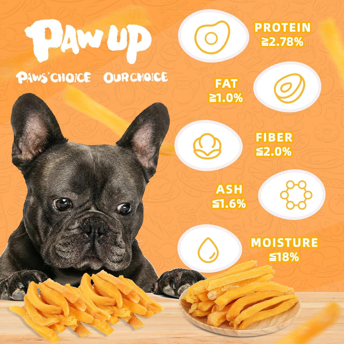 PAWUP Sweet Potatoes Strips Dog Treats - Single Ingredient Soft Chews w/Taurine, Chewy Sticks for Small & Medium Dogs, Easy to Digest, 12.5oz