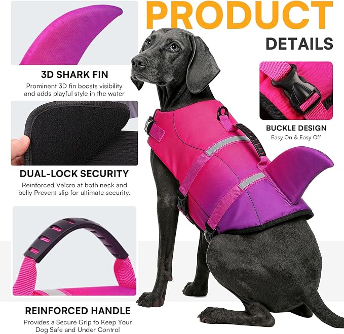 Dog Life Jacket High Flotation, Reflective Dog Life Vest for Swimming, Adjustable Dogs Life Preserver Rescue Handle Spring Summer Pool for Small, Medium, Large Dogs (Pink Purple,M)