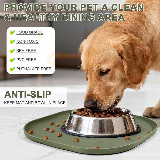 SMILOOL Waterproof Silicone Pet Food Mat with Raised Edge for Dog & Cat | 12" x 12" Non-Slip Small Pet Feeding Mats with Lip for Food & Water Bowl, Food Grade, Easy Cleaning, Light Olive Green