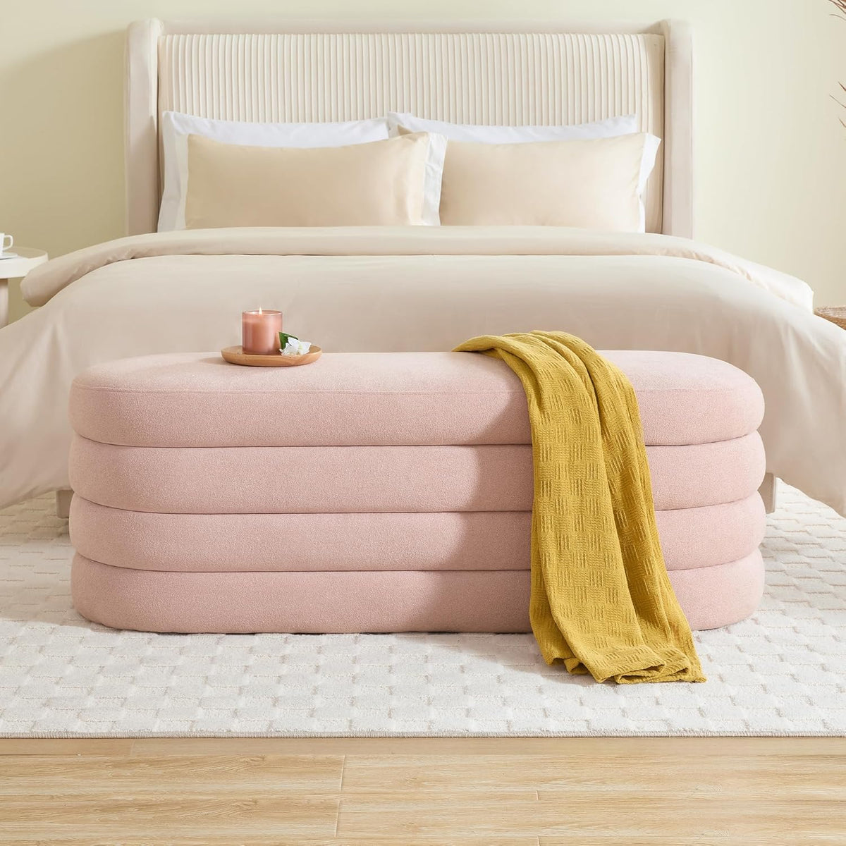 Storage Ottoman Bench 49.2 Inch Upholstered Fabric Storage Bench for Bedroom End of Bed Aesthetic Large Oval Ottoman for Living Room Entryway (Pink)