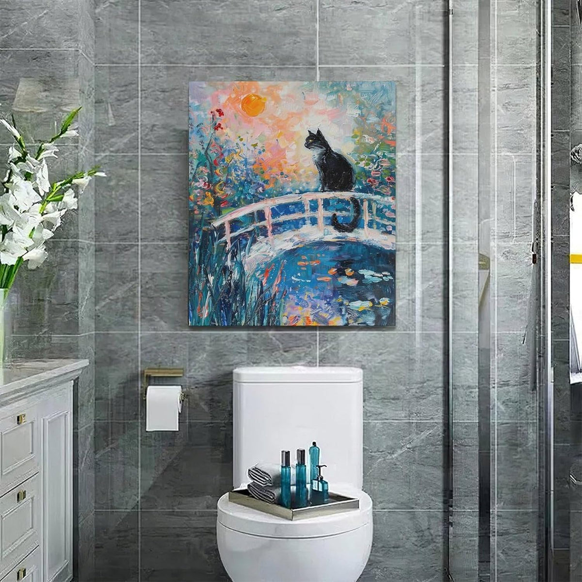 Quorin Black Cat Wall Art Water Lily Sunset Pictures Cat Wall Decor Impressionism Canvas Print Painting Artwork for Bathroom Living Room Bedroom 20"x24"