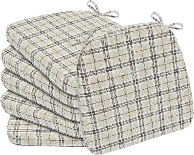 AAAAAcessories D-Shaped Chair Cushions, 2" Thick Dining Chair Pads with Ties and Removable, Machine-Washable Cover, 17" x 16", Set of 6, Yellow Checkered